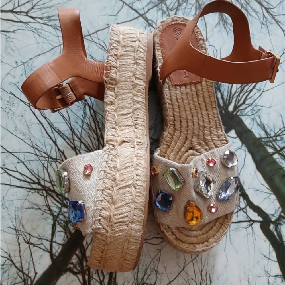 Tory Burch Jeweled Espadrille Platform Sandals — Tan & Natural